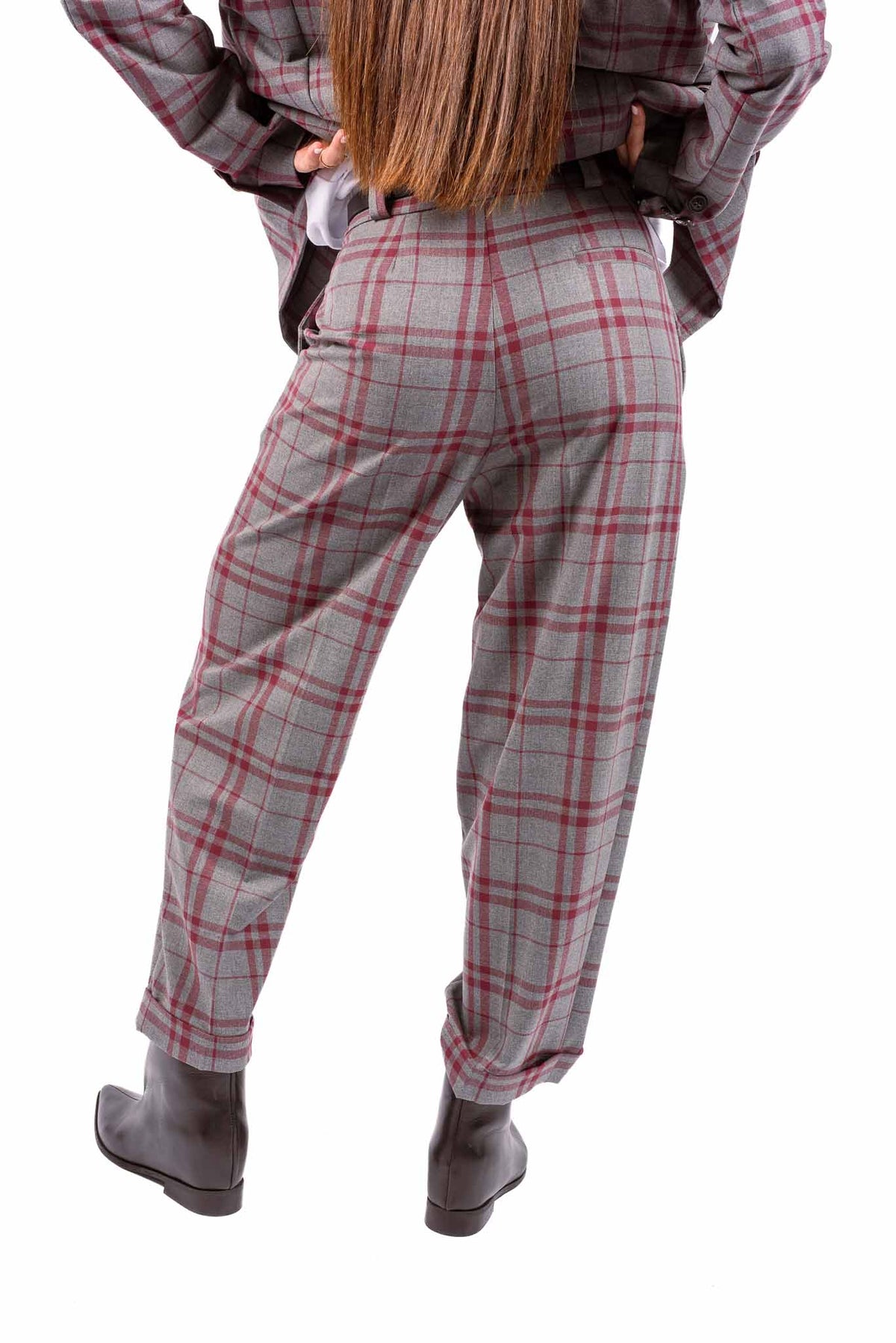 Pantaloni Sartoriali a Quadri Grigio/Bordeaux con Cintura donna Maryley - 2