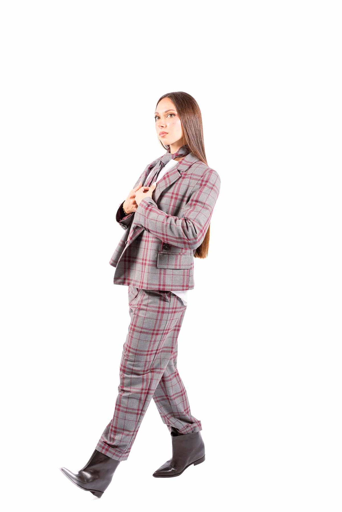 Pantaloni Sartoriali a Quadri Grigio/Bordeaux con Cintura donna Maryley - 4