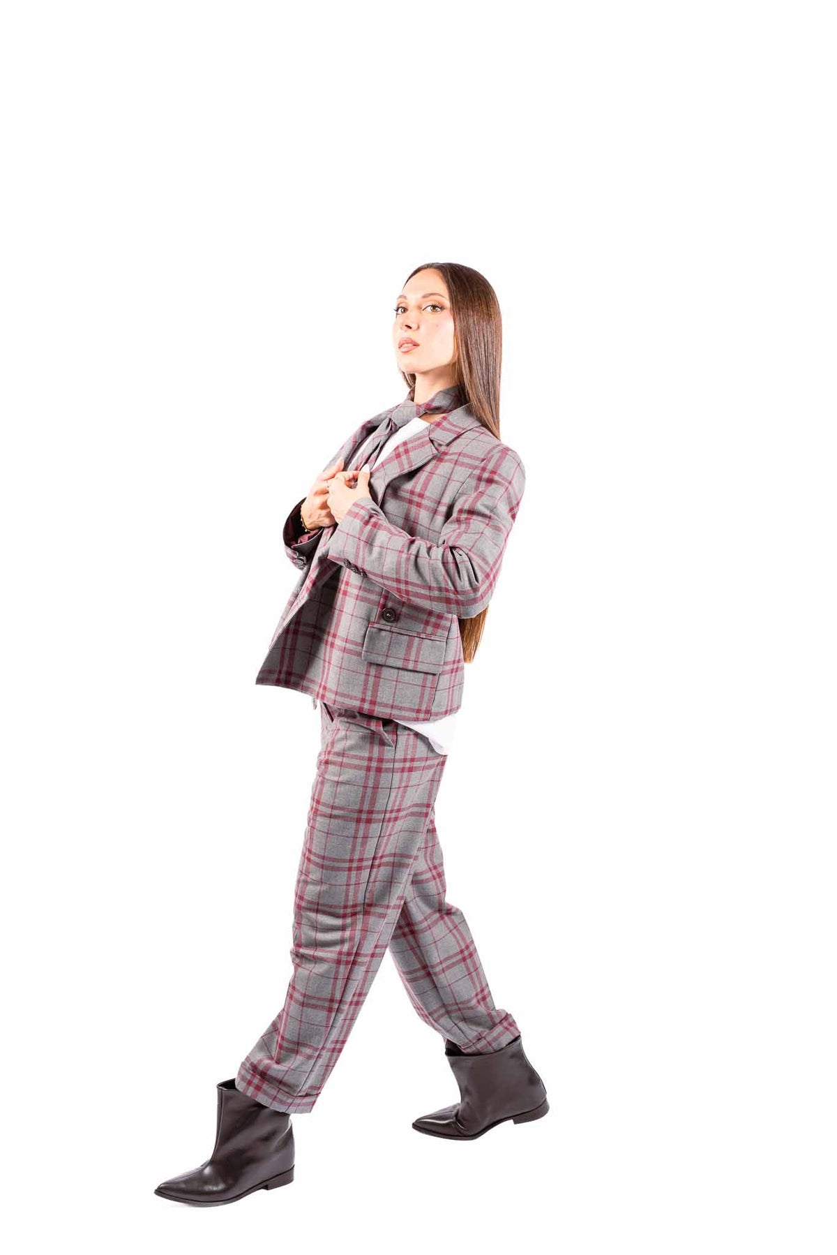 Blazer a Quadri Grigio/Bordeaux con Cravatta Inclusa donna Maryley - 6