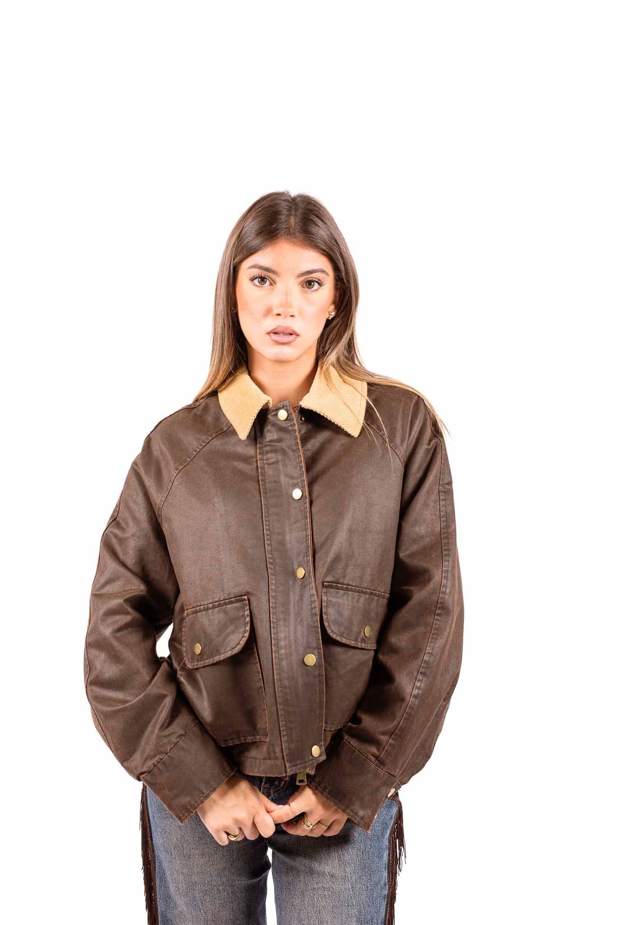 Giubbino Barn Marrone in Tessuto Spalmato con Colletto in Velluto donna Miss love - 2