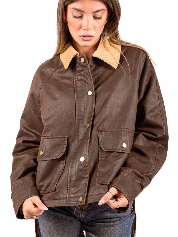 Giubbino Barn Marrone in Tessuto Spalmato con Colletto in Velluto da donna Miss love
