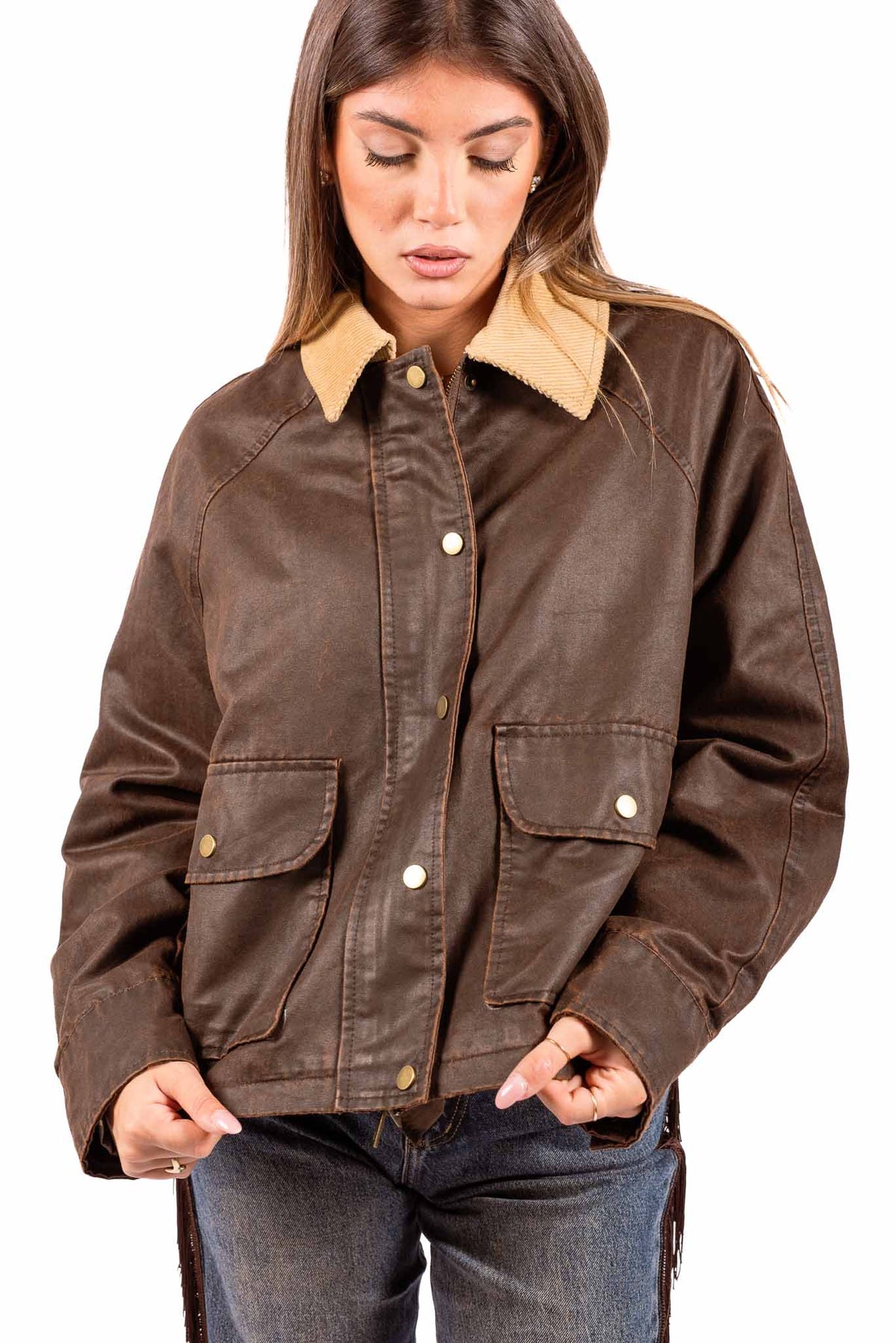 Giubbino Barn Marrone in Tessuto Spalmato con Colletto in Velluto donna Miss love - 1