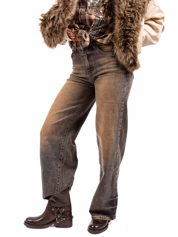 Jeans Barrel Fit in Denim Effetto Vissuto da donna Miss love