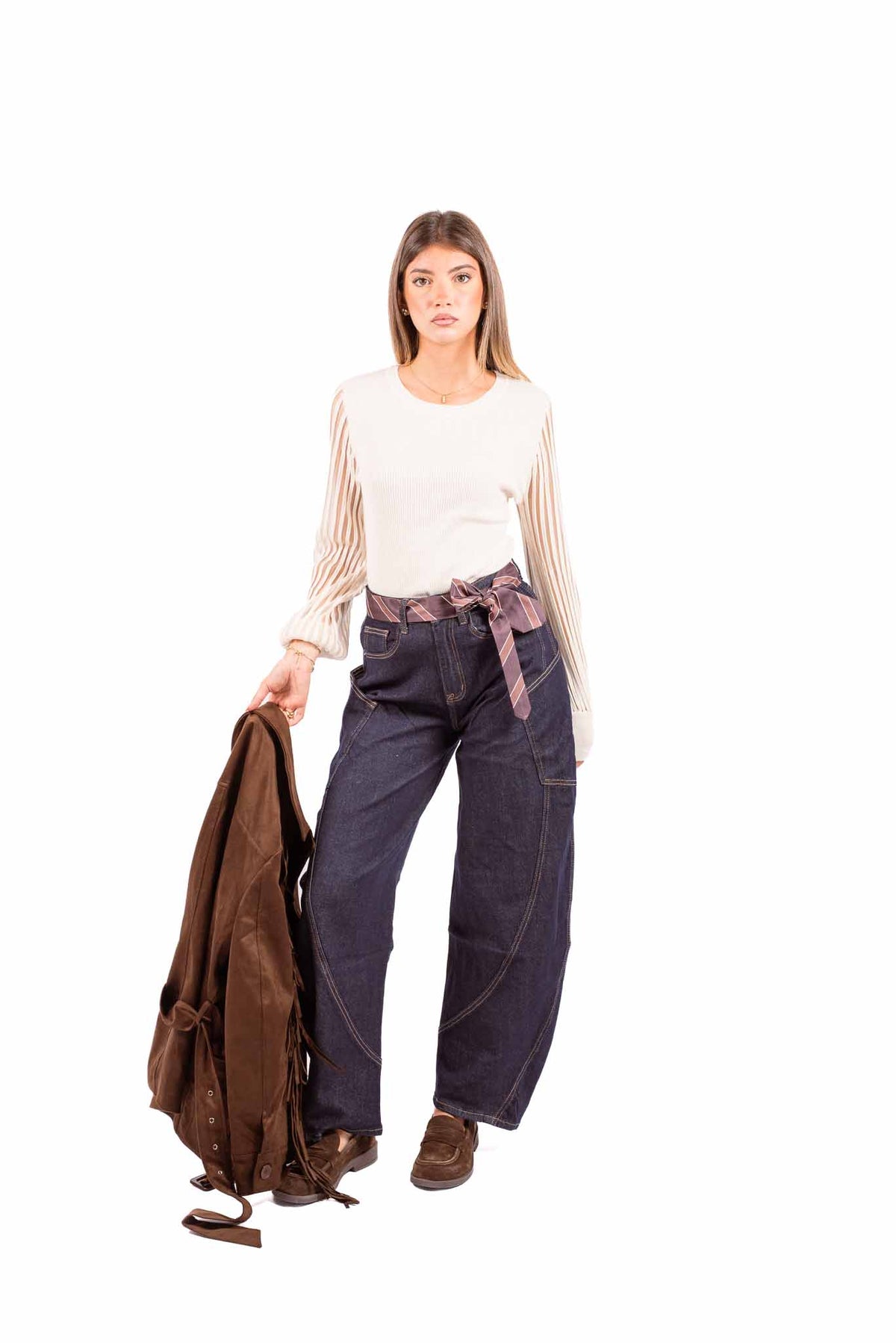 Jeans Barrel Fit Lavaggio Scuro con Cinta/Cravatta Integrata donna Miss love - 5