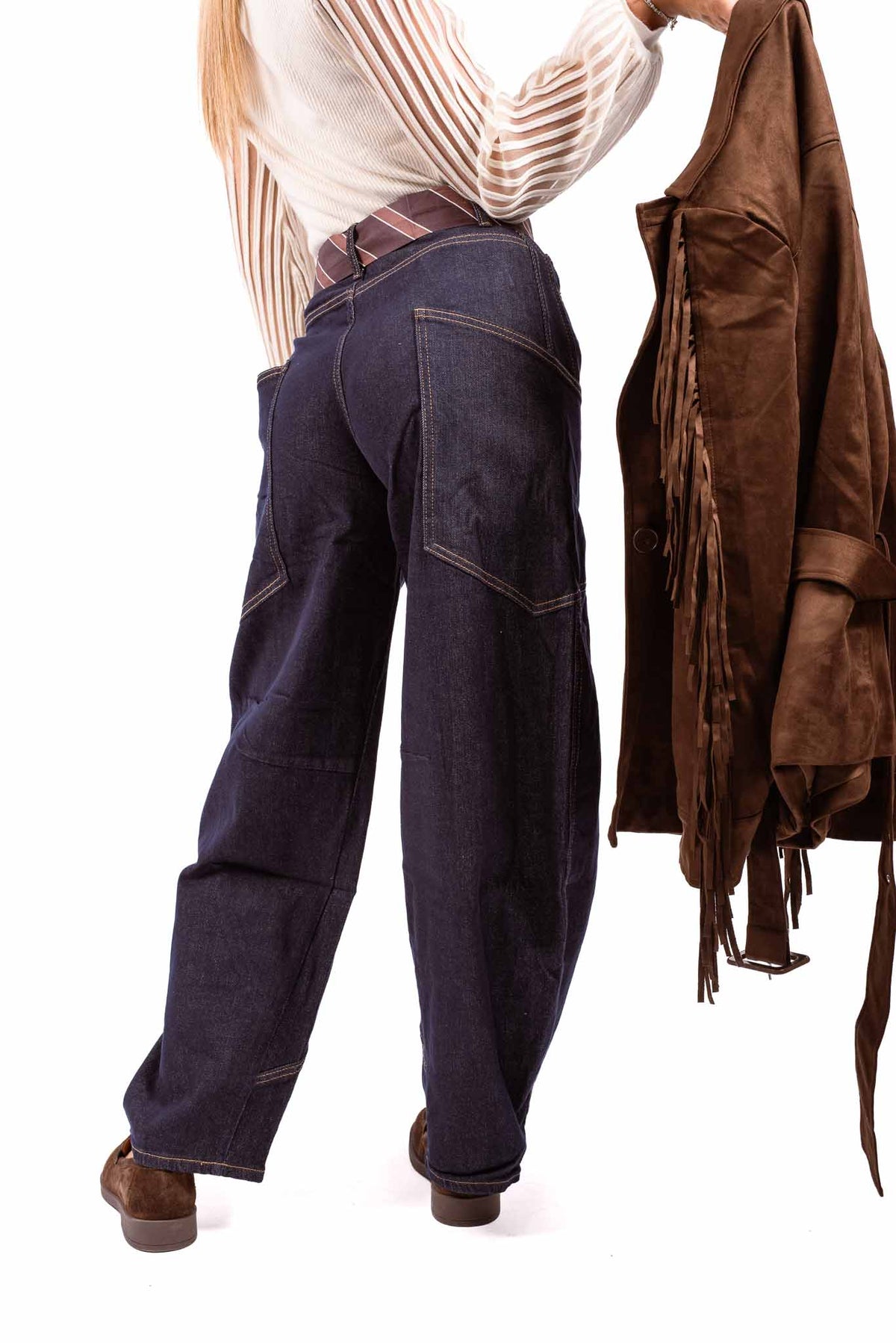 Jeans Barrel Fit Lavaggio Scuro con Cinta/Cravatta Integrata donna Miss love - 2