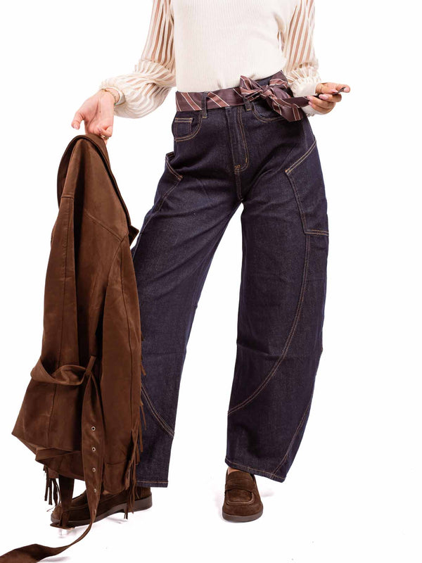 Jeans Barrel Fit Lavaggio Scuro con Cinta/Cravatta Integrata da donna Miss love