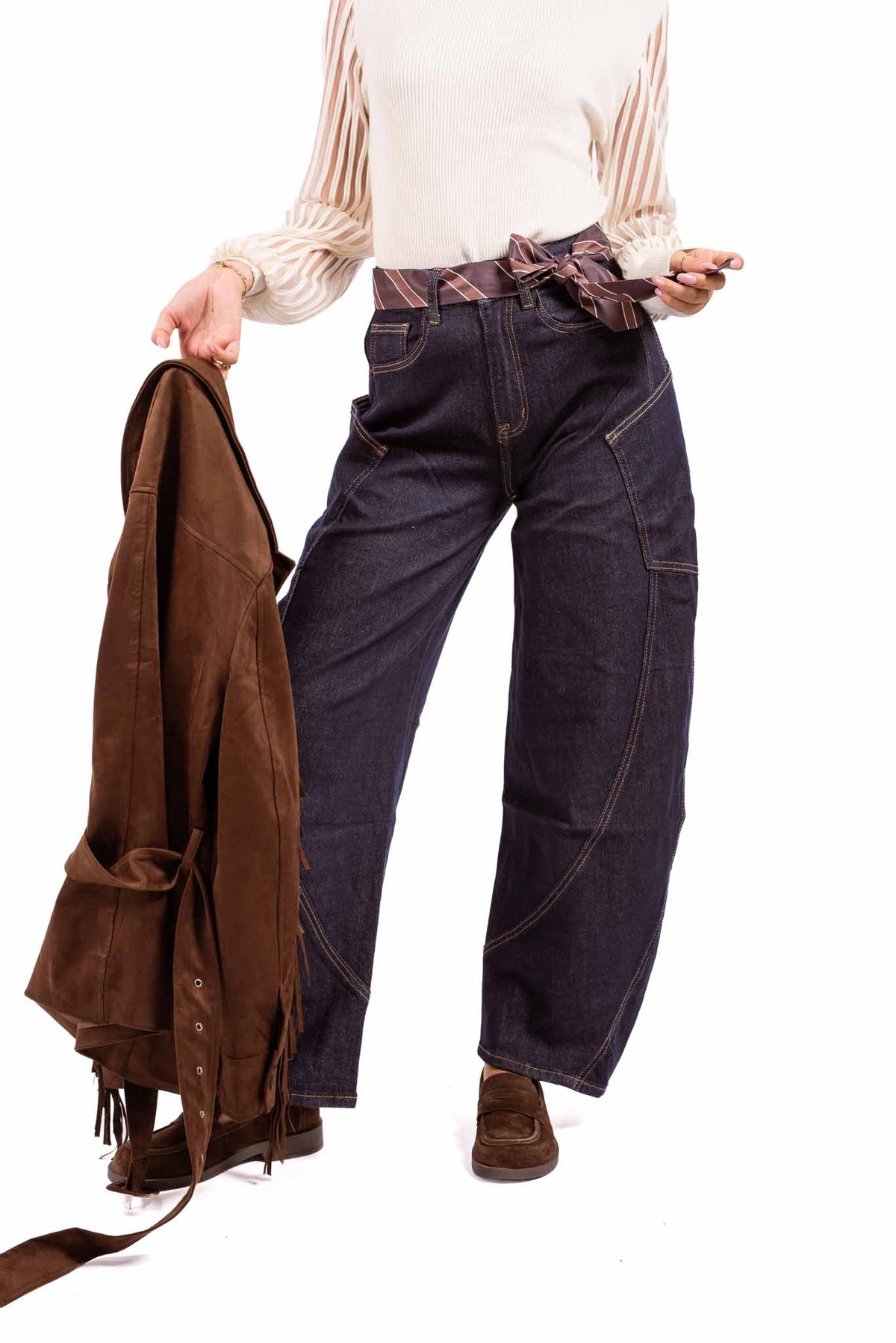 Jeans Barrel Fit Lavaggio Scuro con Cinta/Cravatta Integrata donna Miss love - 1