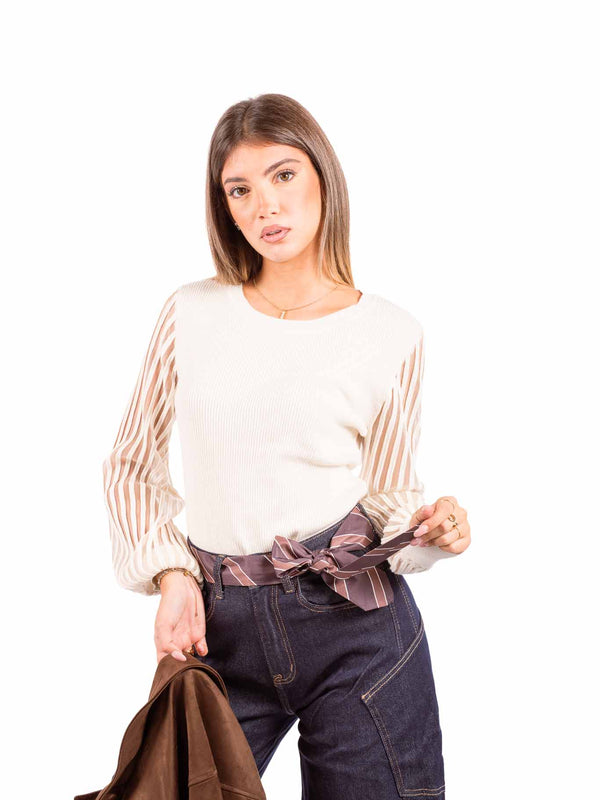 Maglia a Costine Panna con Maniche a Righe Semitrasparenti da donna Miss love