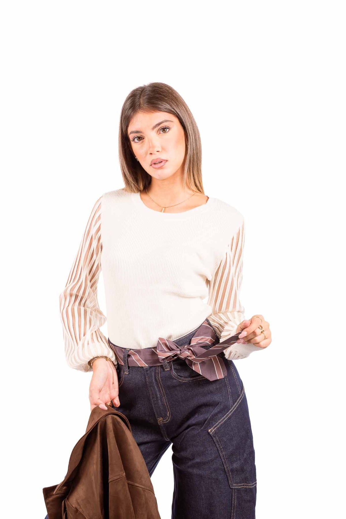 Maglia a Costine Panna con Maniche a Righe Semitrasparenti donna Miss love - 1