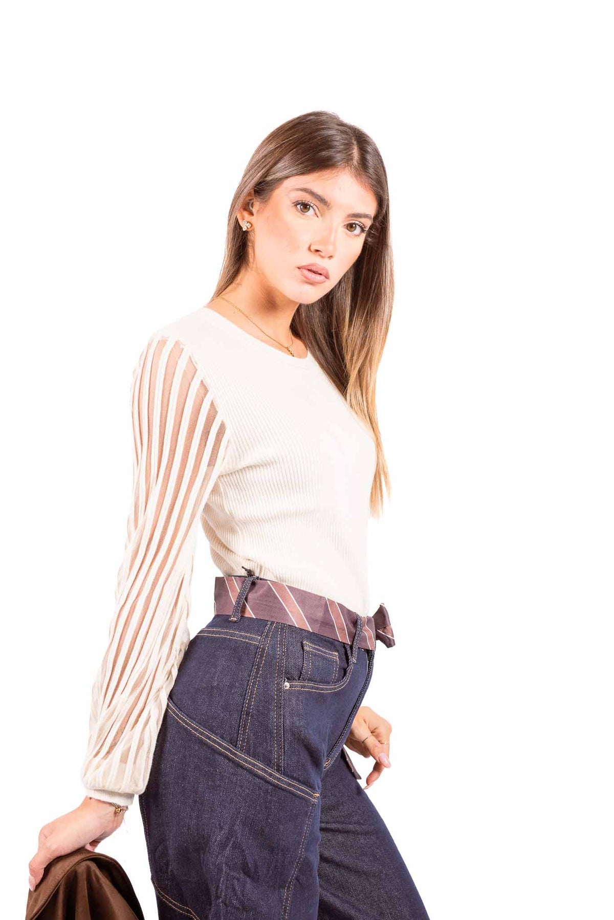 Maglia a Costine Panna con Maniche a Righe Semitrasparenti donna Miss love - 2