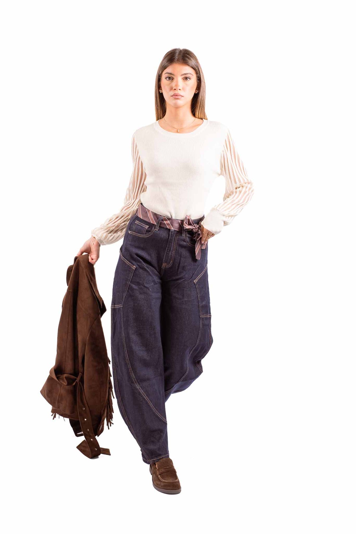 Jeans Barrel Fit Lavaggio Scuro con Cinta/Cravatta Integrata donna Miss love - 3