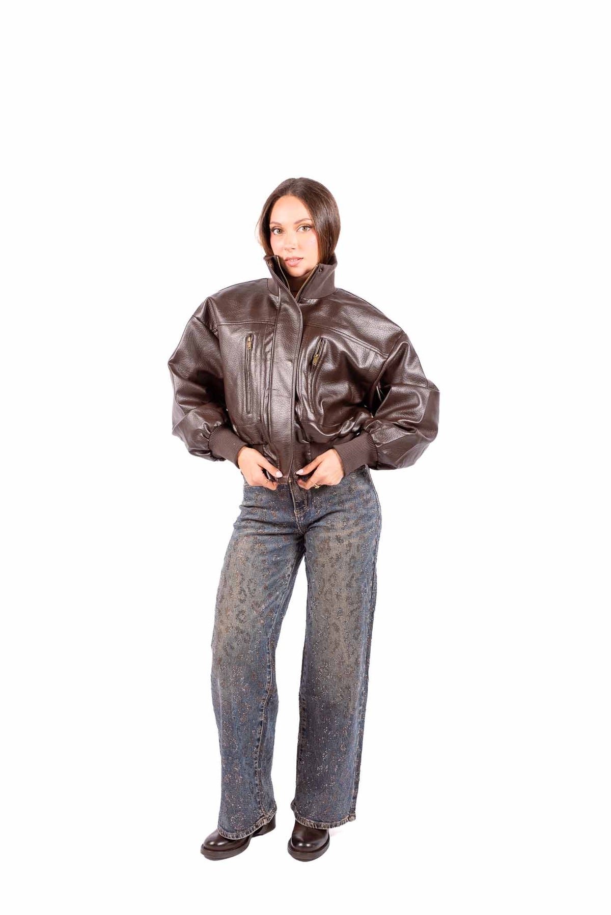 Bomber in Ecopelle Marrone donna Miss love - 5