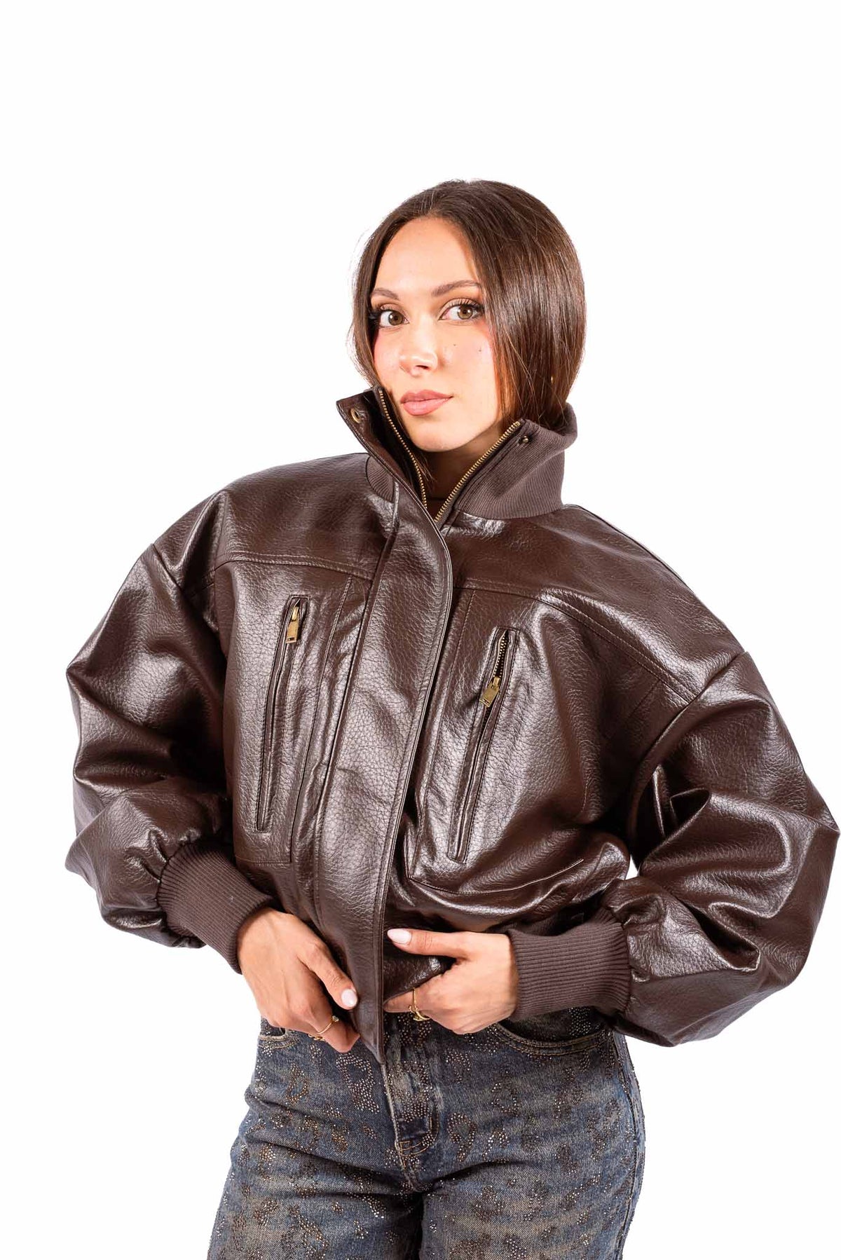 Bomber in Ecopelle Marrone donna Miss love - 3