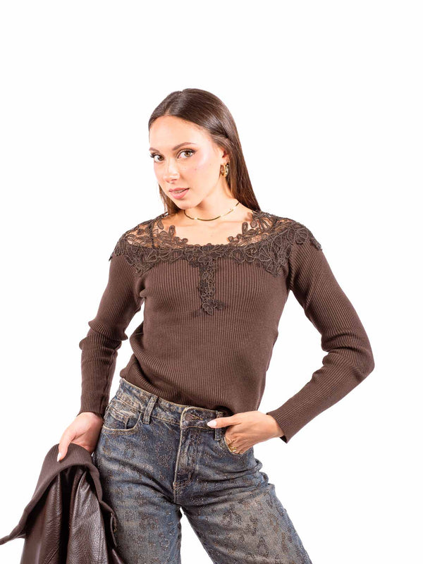 Maglia a Costine Cioccolato con Inserto in Pizzo da donna Miss love