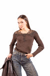 Maglia a Costine Cioccolato con Inserto in Pizzo donna Miss love - 1