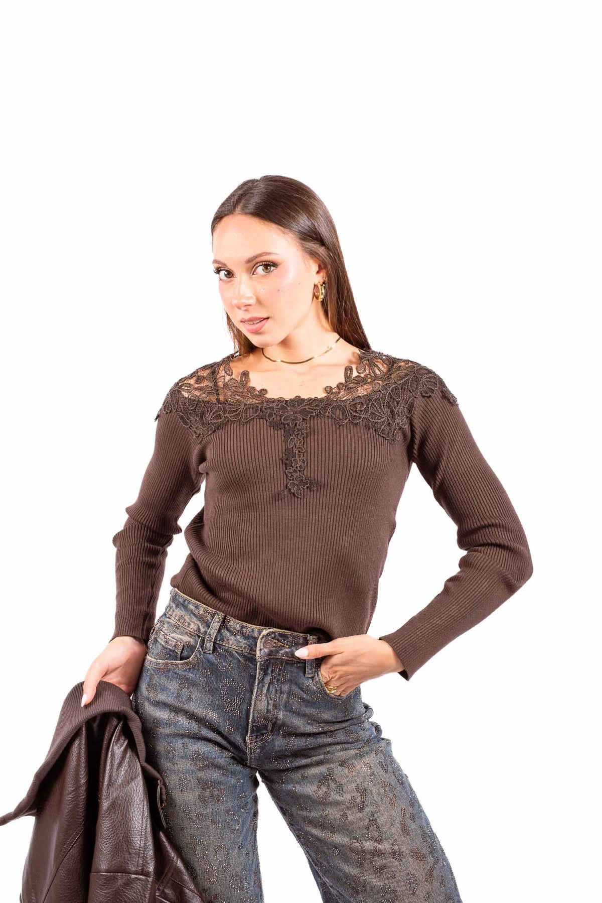 Maglia a Costine Cioccolato con Inserto in Pizzo donna Miss love - 1