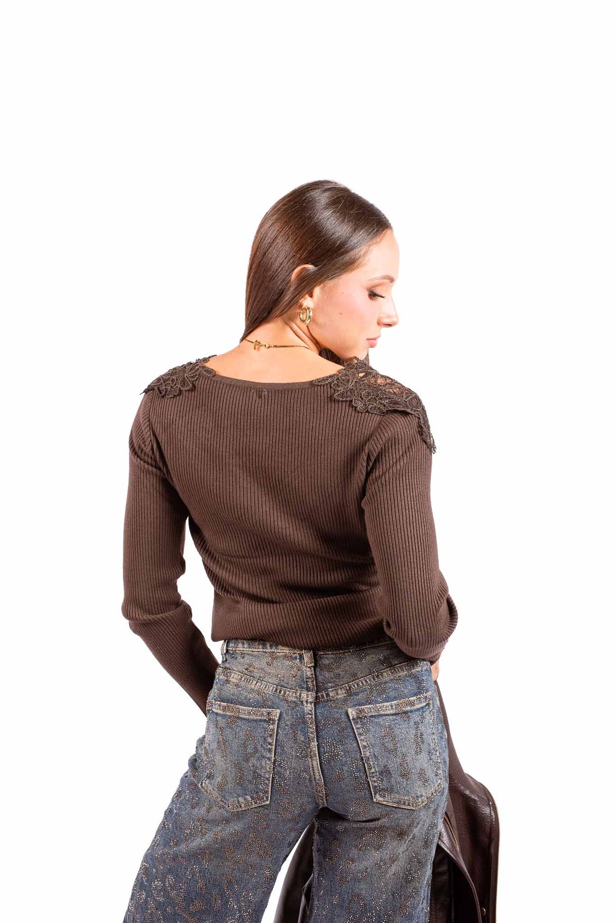 Maglia a Costine Cioccolato con Inserto in Pizzo donna Miss love - 3