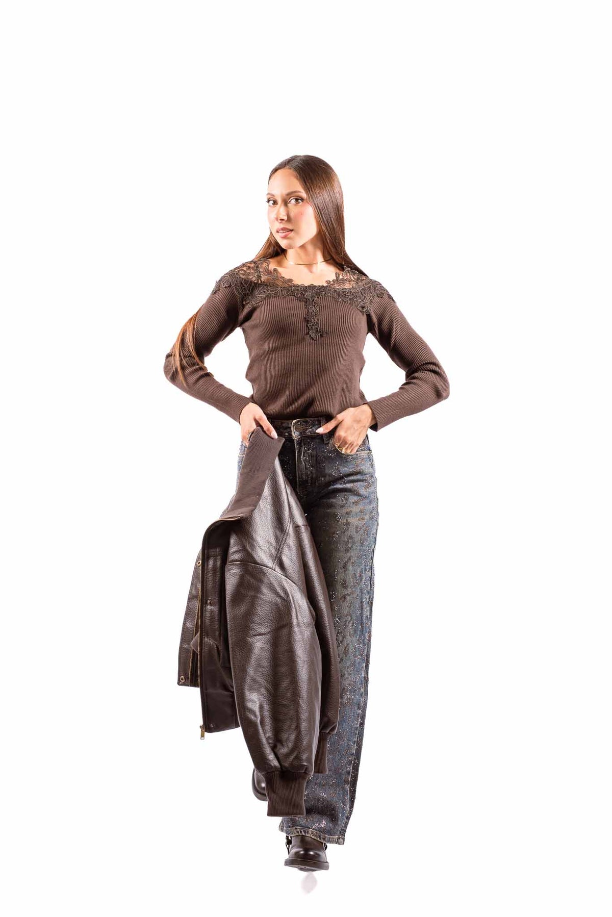 Maglia a Costine Cioccolato con Inserto in Pizzo donna Miss love - 5