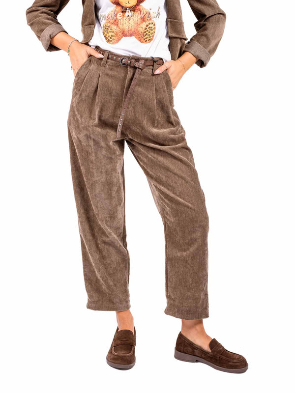Pantaloni in Velluto Tortora con Pinces e Cintura da donna Miss love