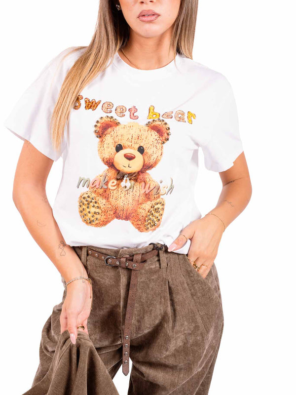 T-Shirt Bianca con Stampa e Applicazioni da donna Miss love