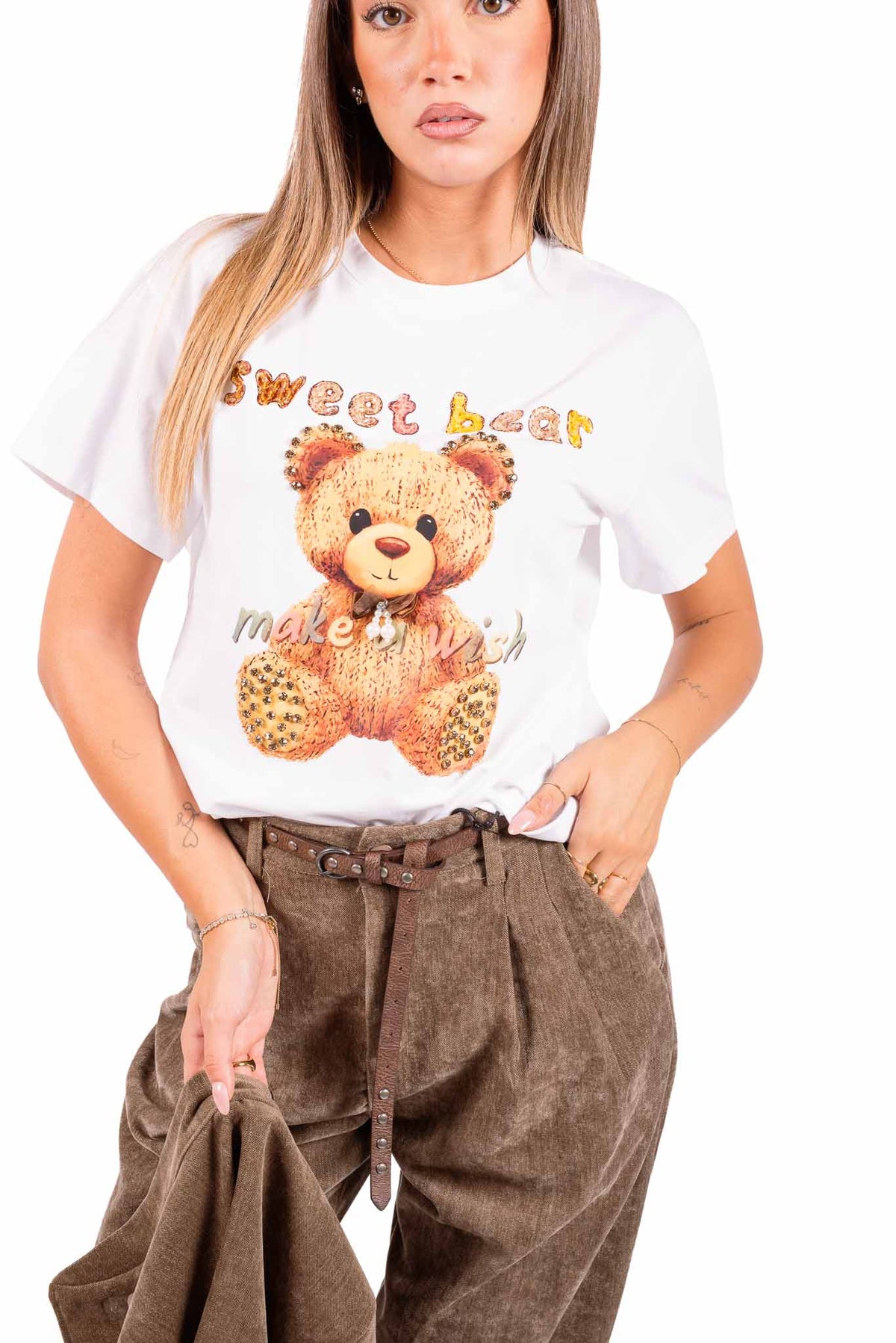 T-Shirt Bianca con Stampa e Applicazioni donna Miss love - 1