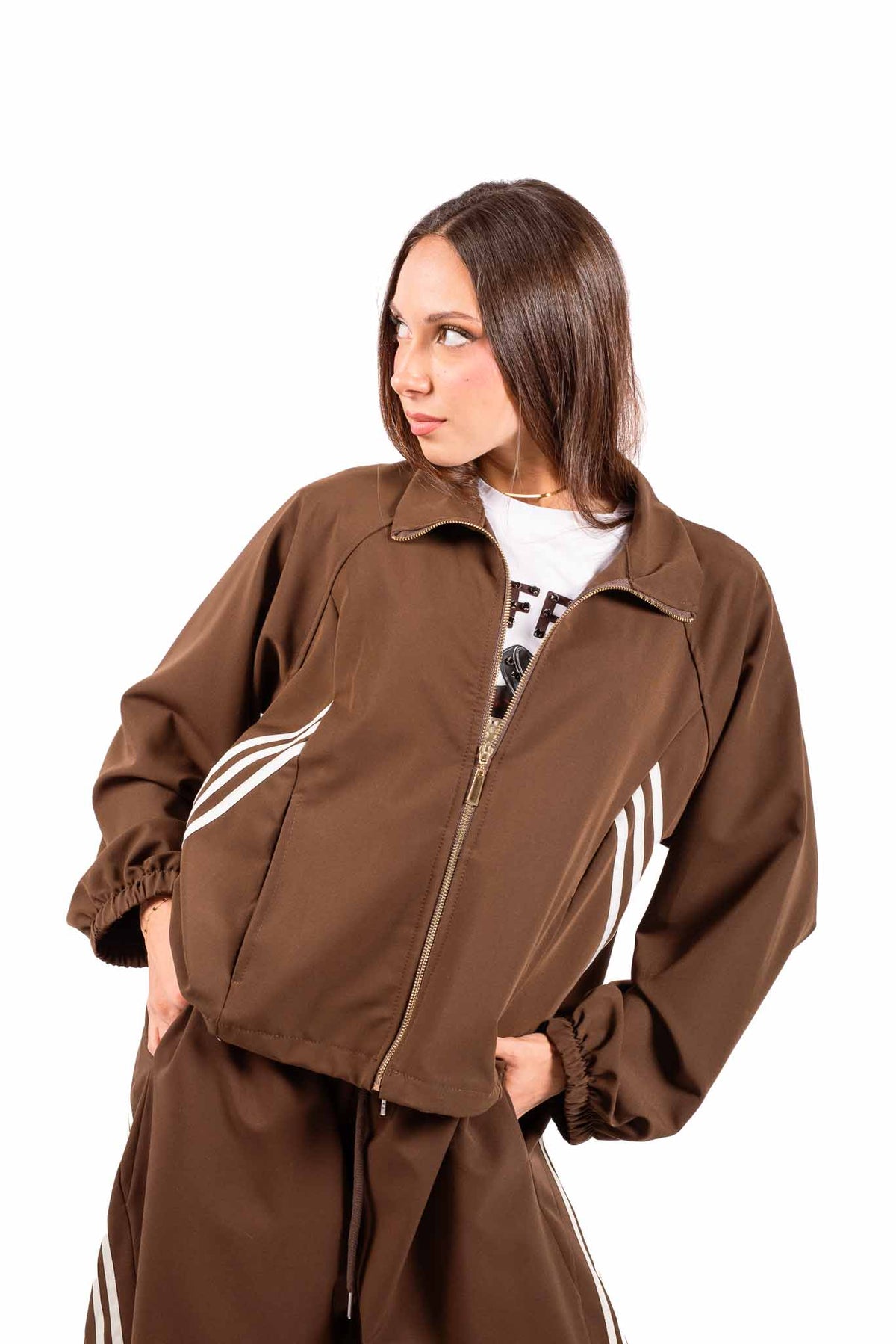 Giacca Zip Sport-Chic Marrone con Bande donna Miss love - 1