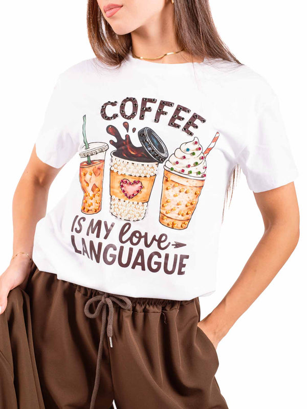 T-Shirt Bianca con Stampa e Applicazioni da donna Miss love