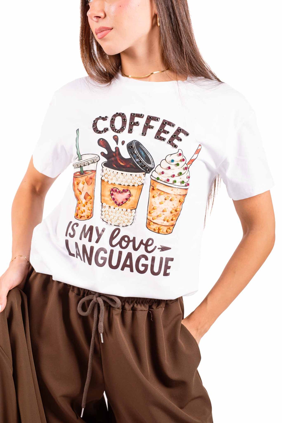 T-Shirt Bianca con Stampa e Applicazioni donna Miss love - 1