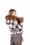 Giacca Corta a Quadri Azzurro/Marrone con Ecopelliccia donna Miss love - 4