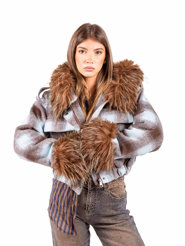Giacca Corta a Quadri Azzurro/Marrone con Ecopelliccia da donna Miss love