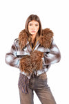 Giacca Corta a Quadri Azzurro/Marrone con Ecopelliccia donna Miss love - 1