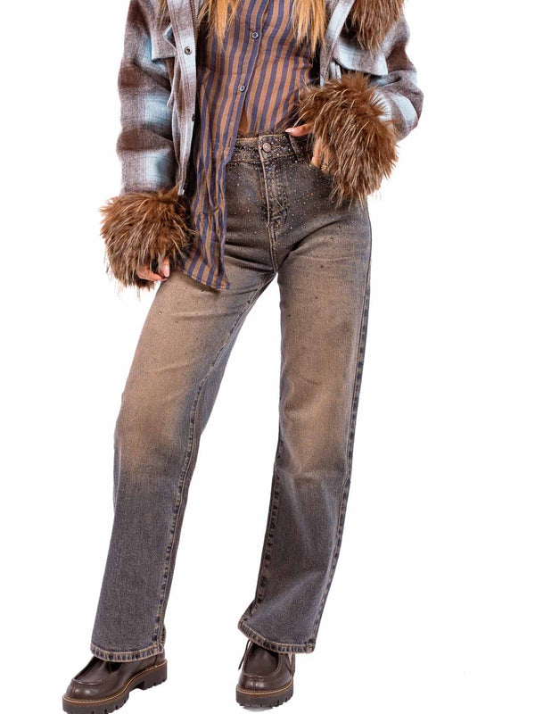 Jeans Sfumati con Applicazione di Strass e Pizzo in Vita da donna Miss love