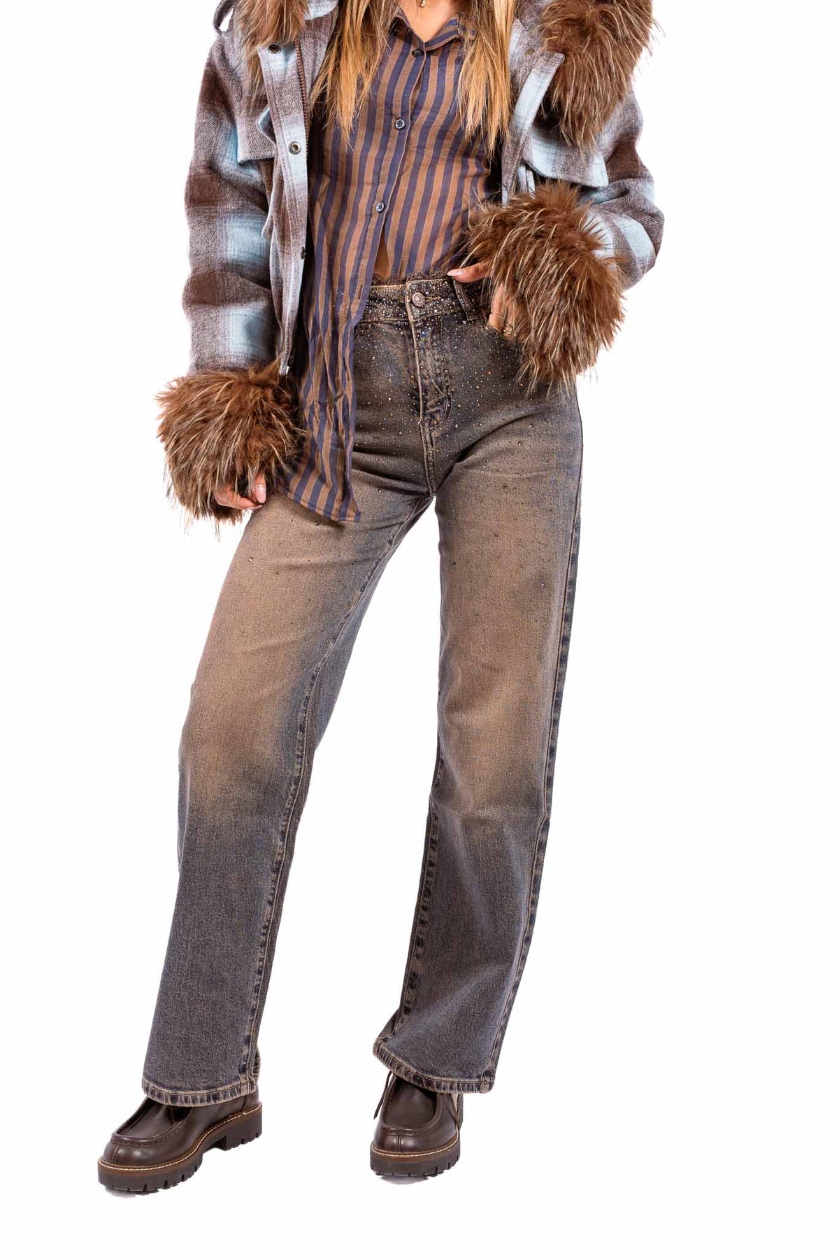 Jeans Sfumati con Applicazione di Strass e Pizzo in Vita donna Miss love - 1