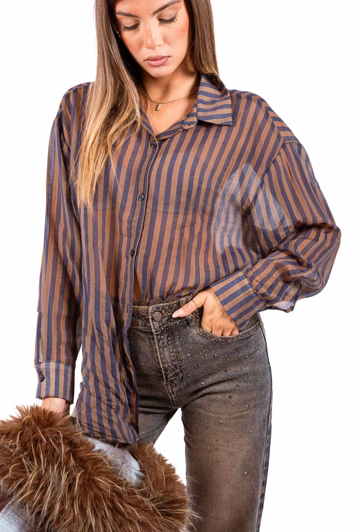 Camicia Semitrasparente a Righe Marroni/Blu donna Miss love - 1