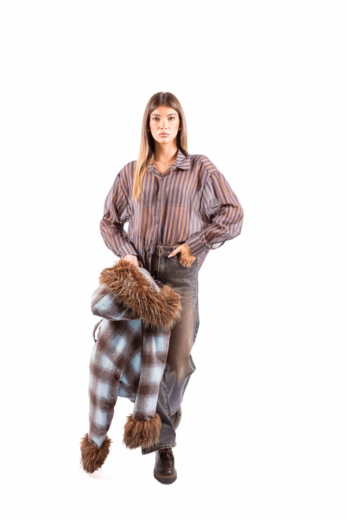 Camicia Semitrasparente a Righe Marroni/Blu donna Miss love - 3