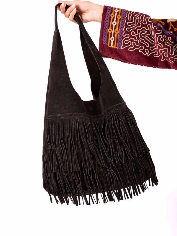 Borsa Hobo in Suede Nera con Frange da donna Miss love