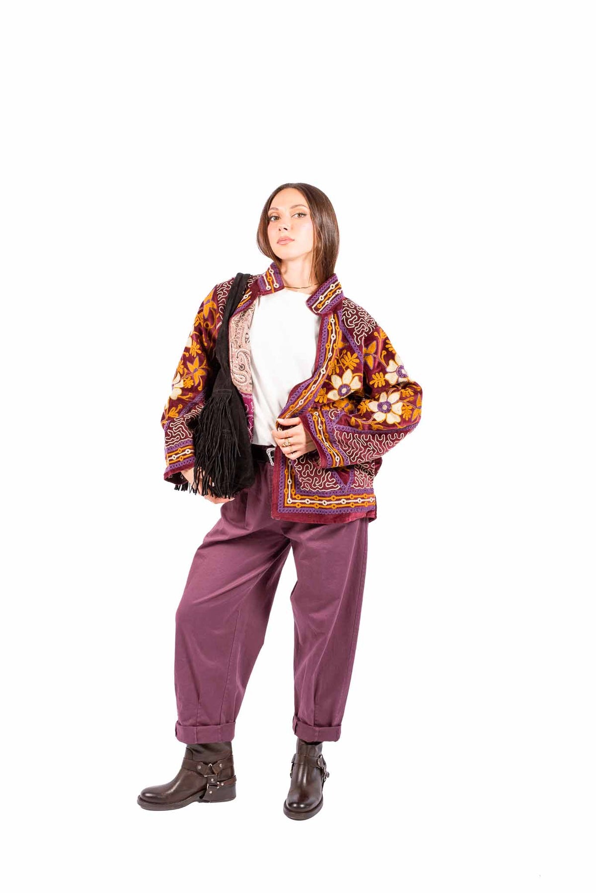 Kimono in Velluto Bordeaux con Ricami Etnici donna Miss love - 4