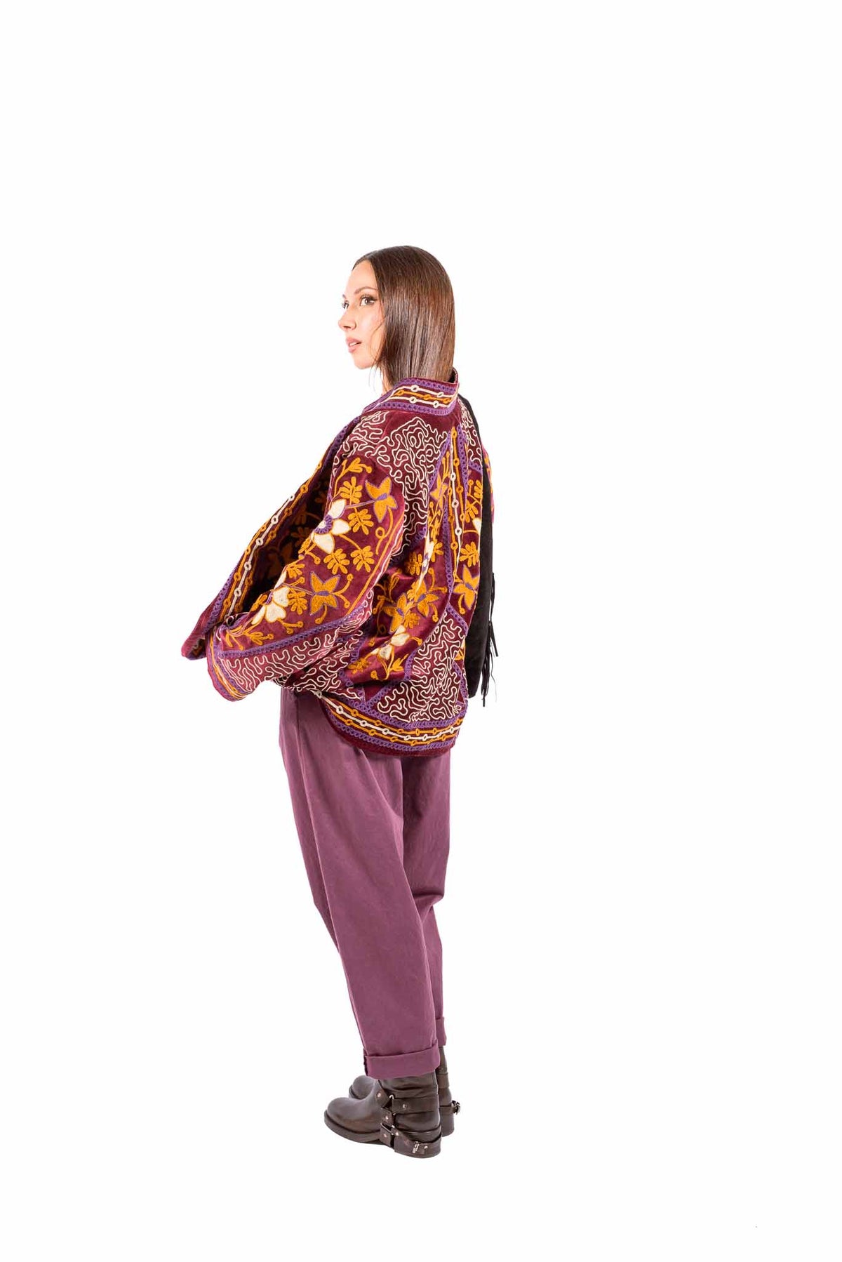 Kimono in Velluto Bordeaux con Ricami Etnici donna Miss love - 6