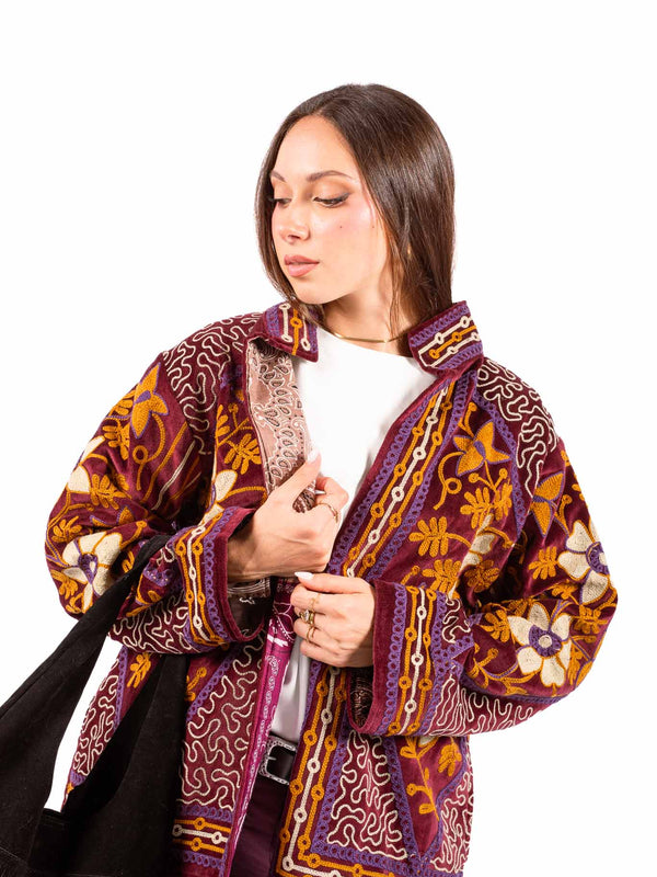 Kimono in Velluto Bordeaux con Ricami Etnici da donna Miss love