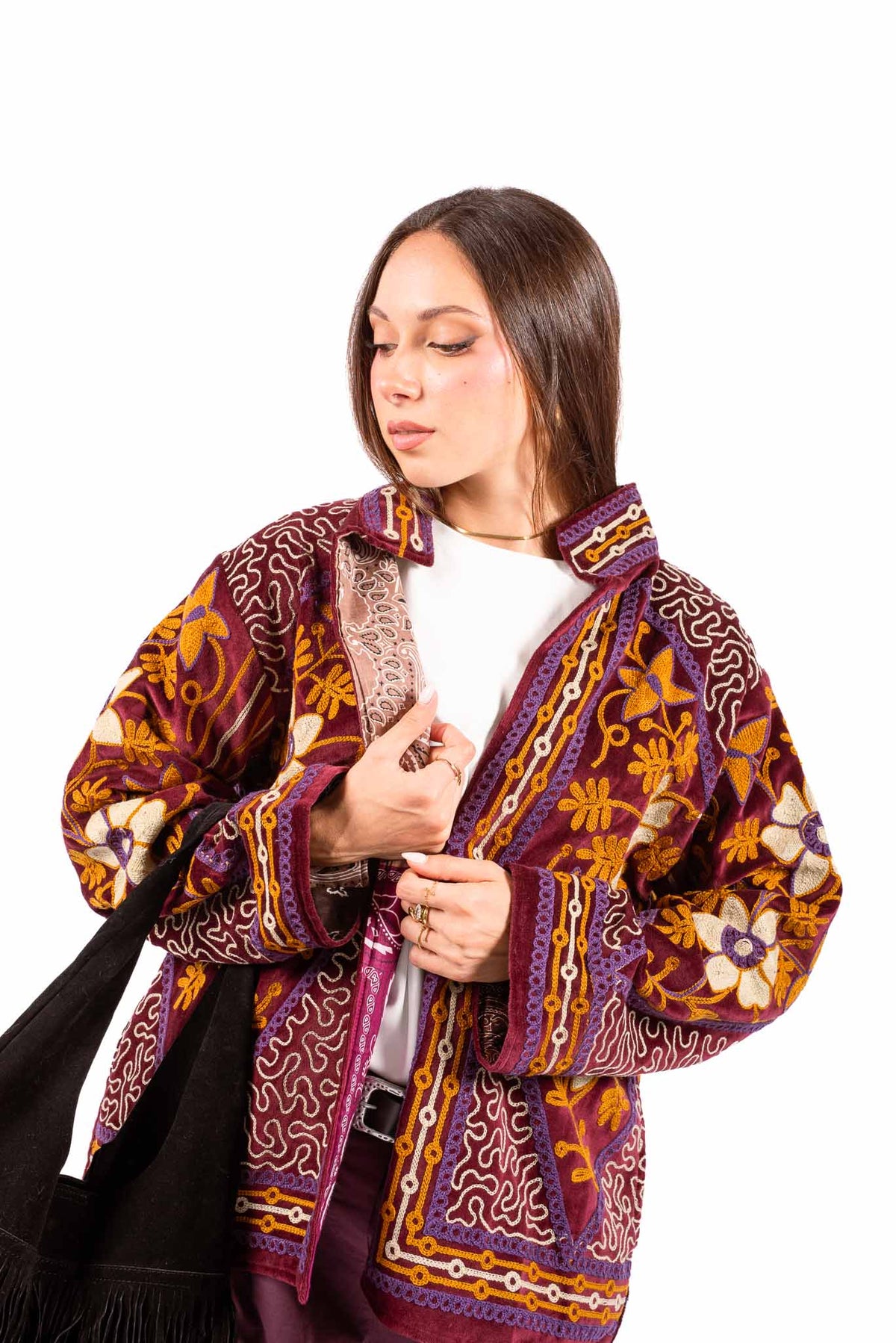 Kimono in Velluto Bordeaux con Ricami Etnici donna Miss love - 1