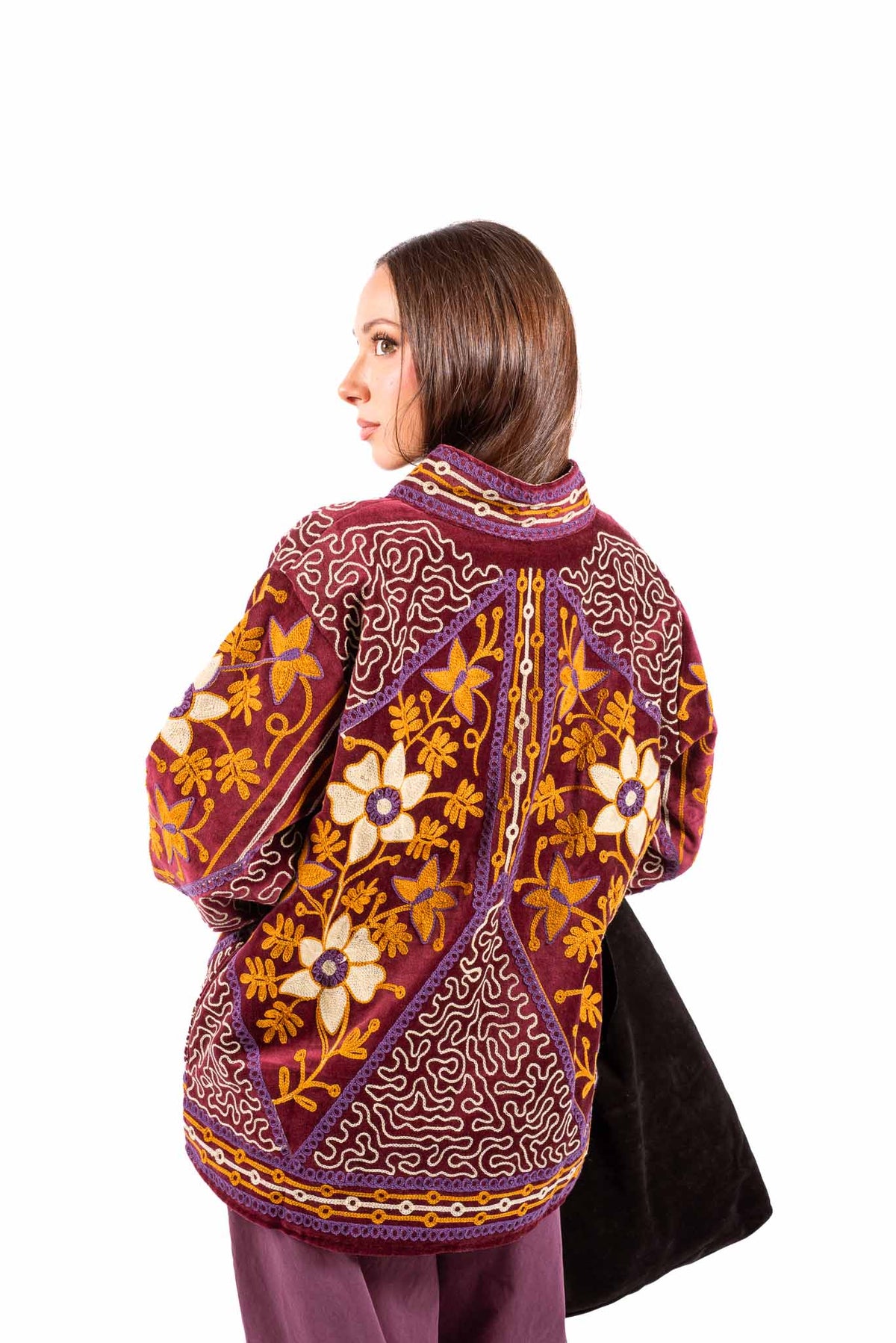 Kimono in Velluto Bordeaux con Ricami Etnici donna Miss love - 2