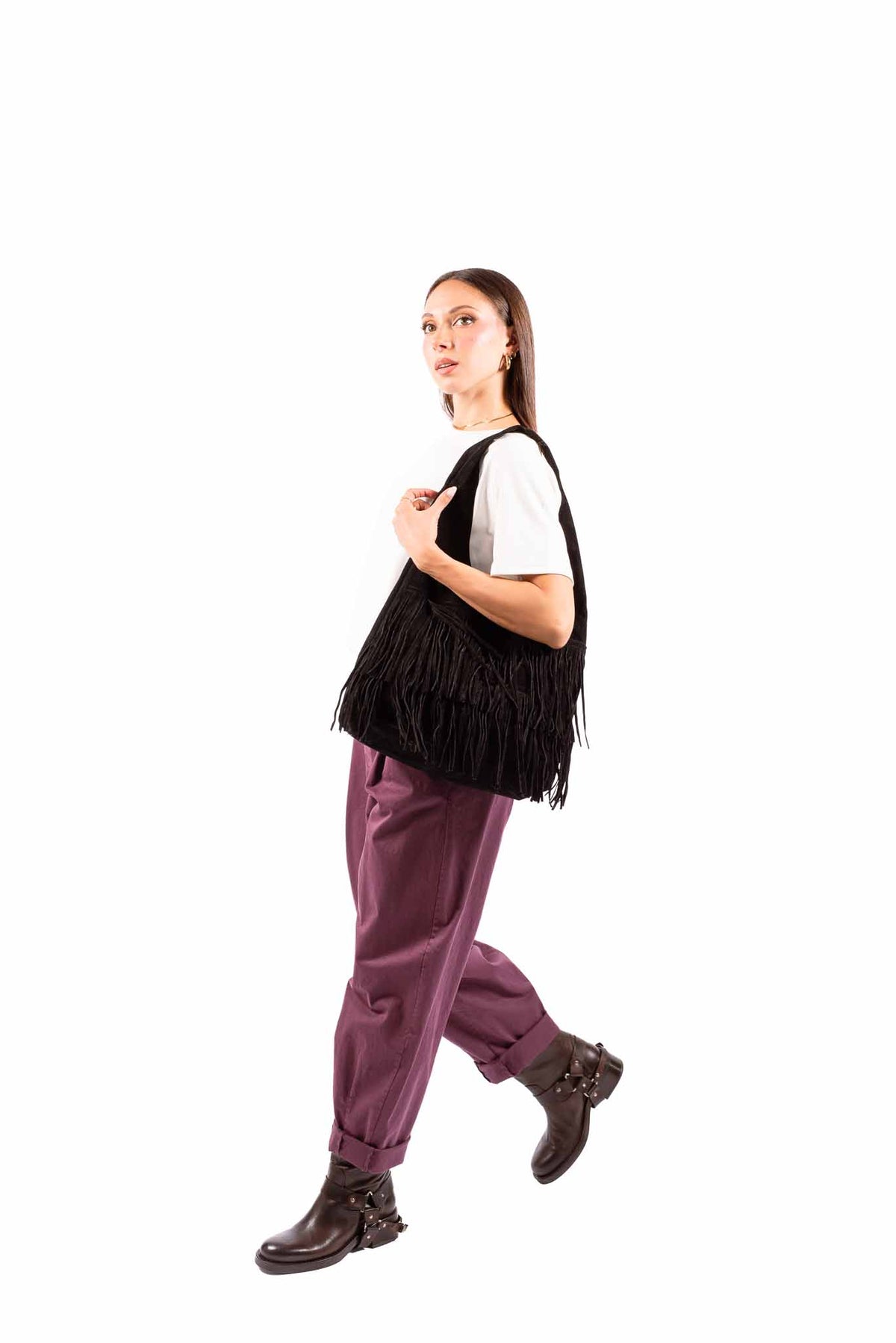 Borsa Hobo in Suede Nera con Frange donna Miss love - 3