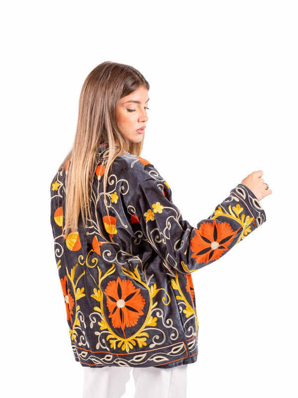 Kimono in Velluto Blu con Ricami Etnici da donna Miss love