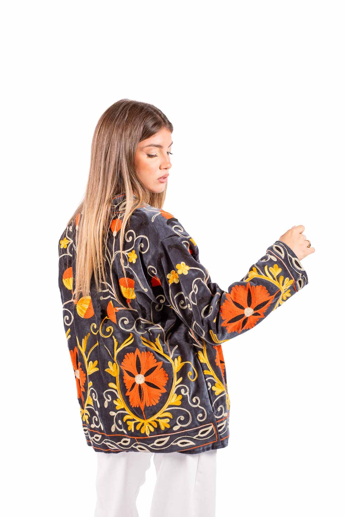 Kimono in Velluto Blu con Ricami Etnici donna Miss love - 1