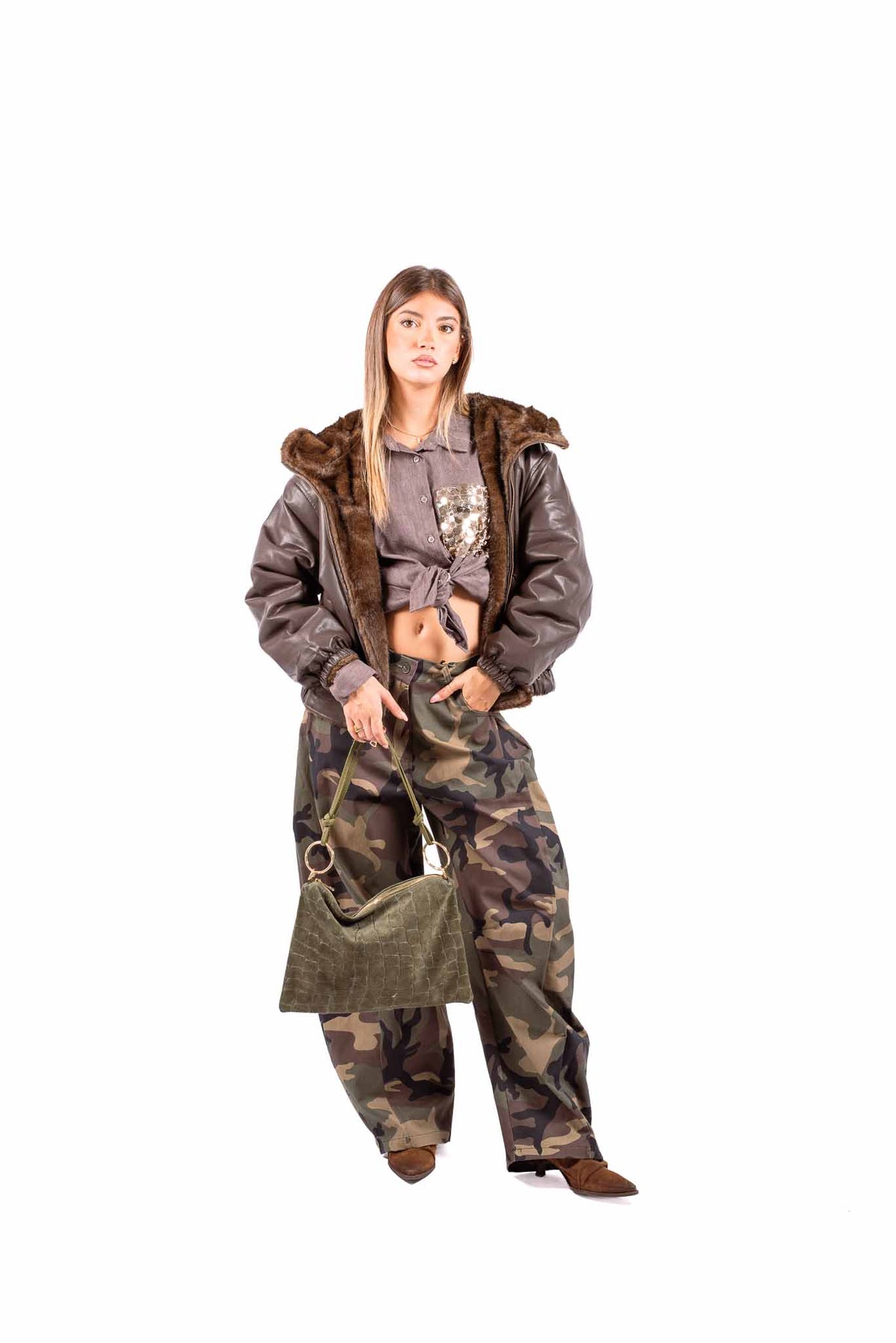 Bomber Reversibile in Ecopelliccia ed Ecopelle Marrone donna Miss love - 5