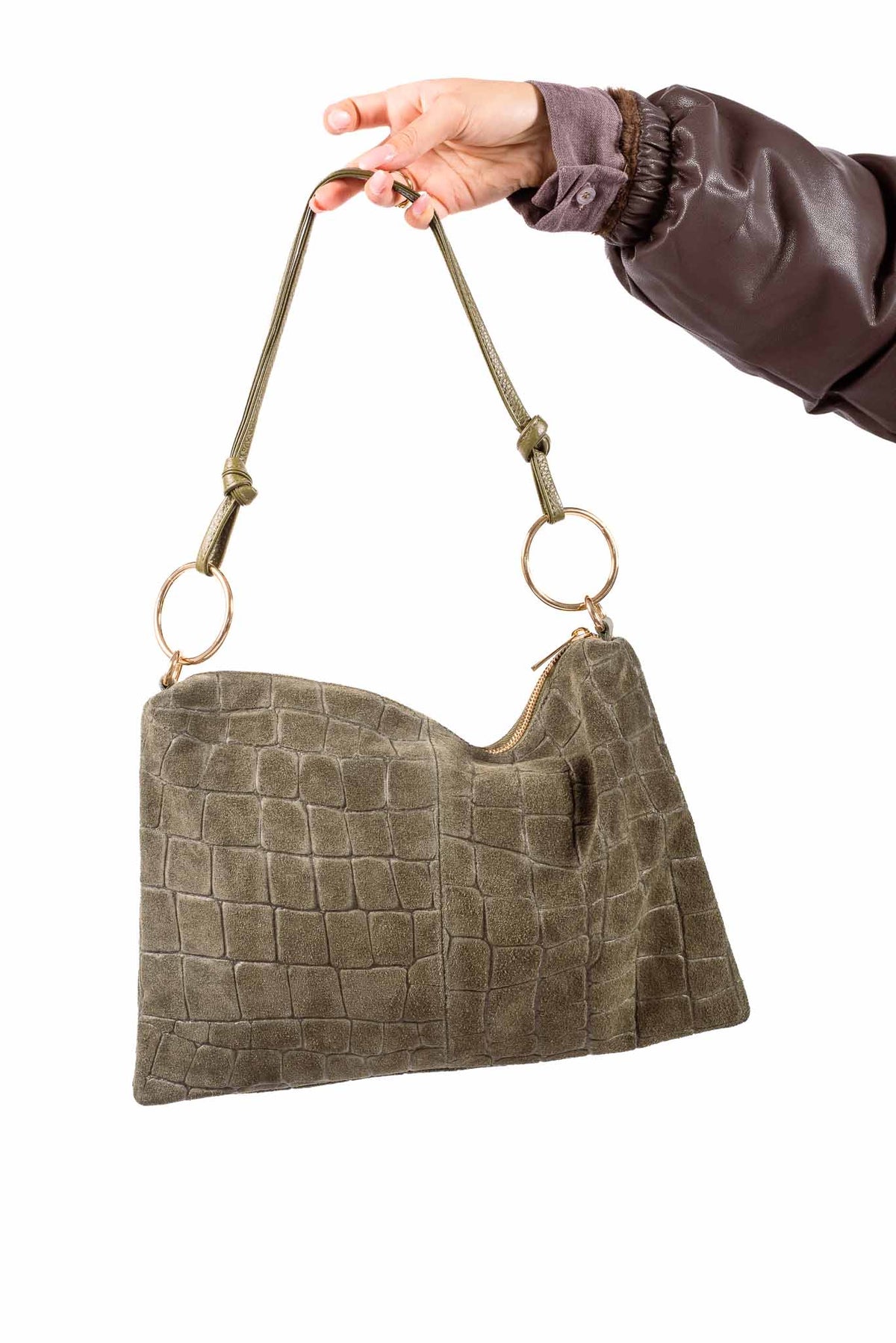 Borsa a Spalla in Suede Effetto Coccodrillo Verde Salvia donna Miss love - 2
