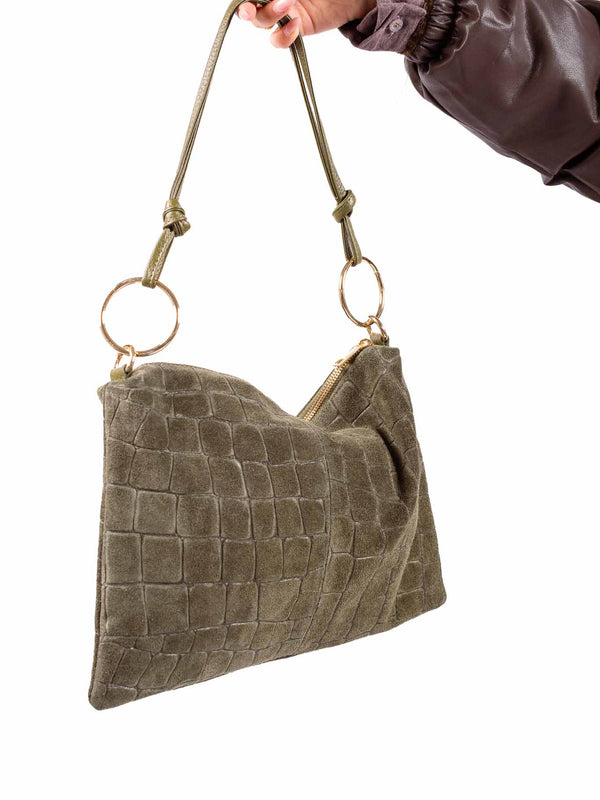 Borsa a Spalla in Suede Effetto Coccodrillo Verde Salvia da donna Miss love