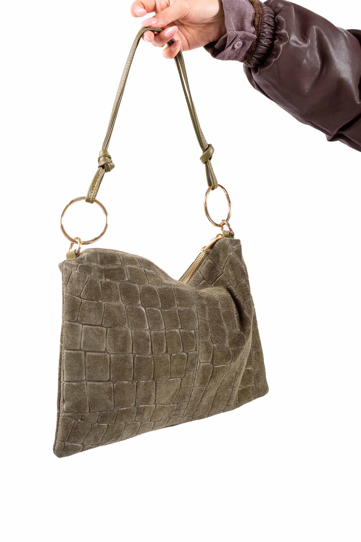 Borsa a Spalla in Suede Effetto Coccodrillo Verde Salvia donna Miss love - 1