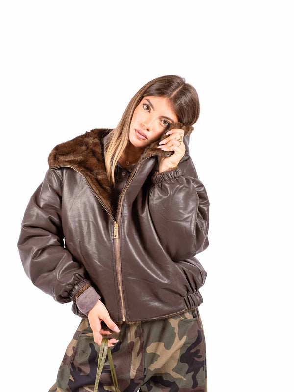 Bomber Reversibile in Ecopelliccia ed Ecopelle Marrone da donna Miss love