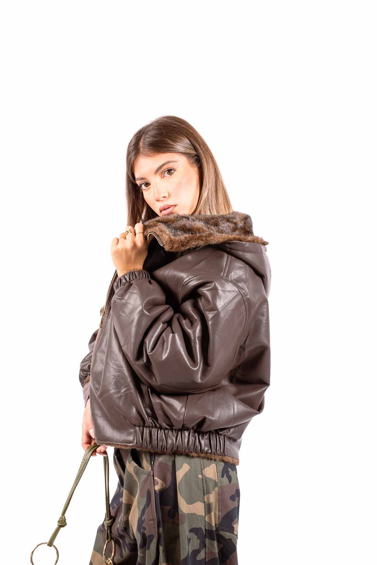Bomber Reversibile in Ecopelliccia ed Ecopelle Marrone donna Miss love - 3